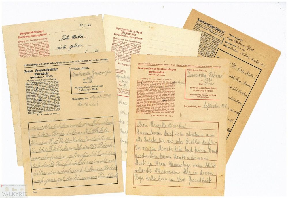 Lot 412: 5 Different Concentration Camp Letters Sent by Inmates 1943 and 1944