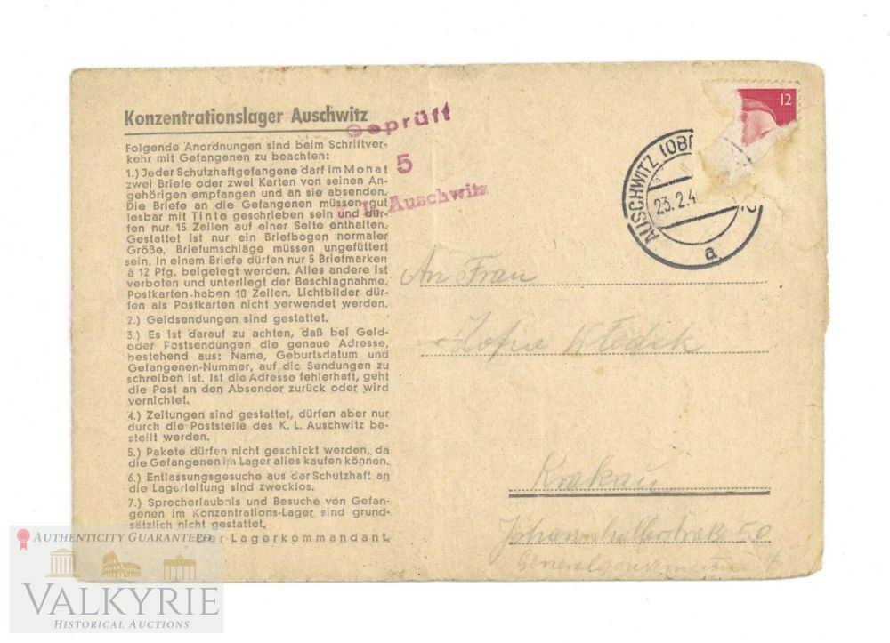 Lot 421: Rare Letter Sent by Polish Inmate from KL Auschwitz Block 17 Hospital of Camp 1943