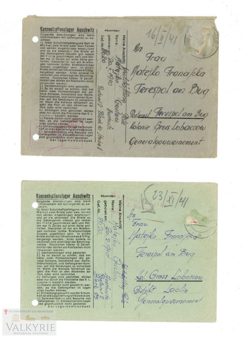 Lot 424: 2 Empty Envelopes Sent by Polish Prisoner in KL Auschwitz in 1941