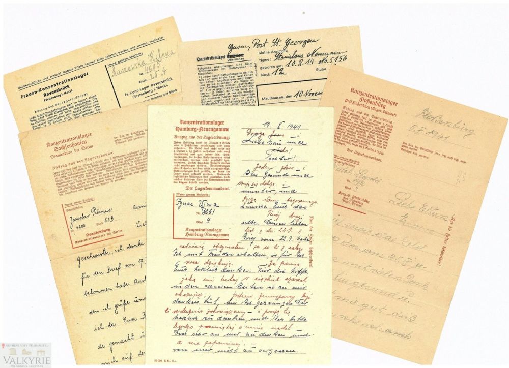Lot 425: Concentration Camp - Set of 5 Different Types of  Letters Sent from 5 different Concentration Camps