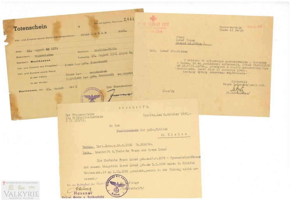 Lot 436: Set of 3 Documents to Polish Prisoner in KL Mauthausen Who Died in Camp 1941