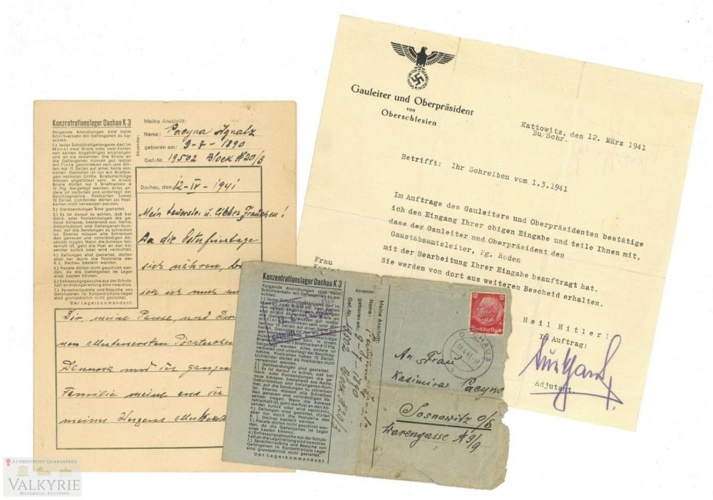 Lot 442: Letter Sent by KL Dachau Polish Prisoner to Wife and Oberschlesien Gauleiter Answering Letter 1941