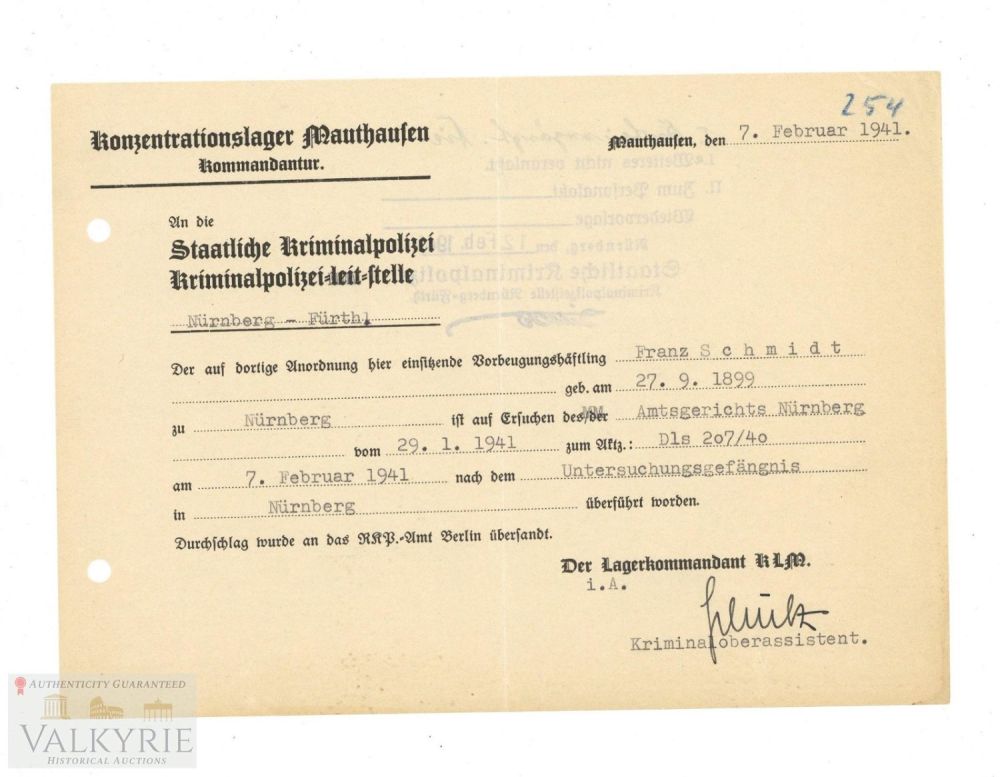 Lot 445: Notification Sent by KL Mauthausen Kommandantur to KriPo Office in Nuremberg About Prisoner 1941