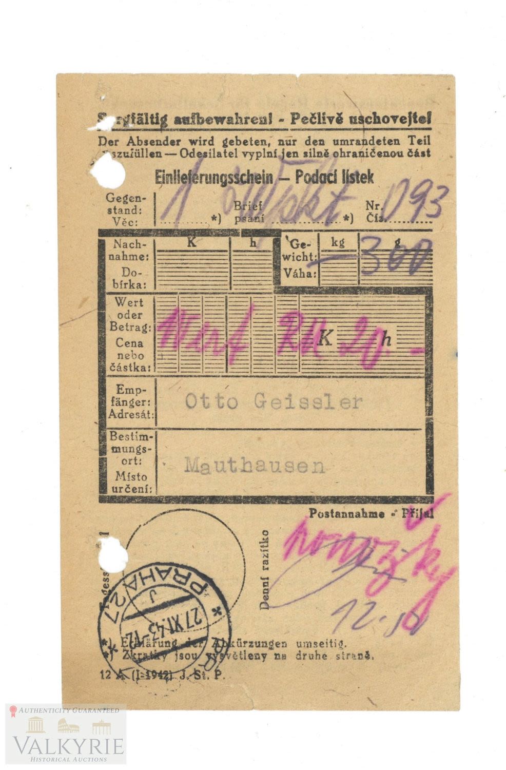 Lot 448: Researched Parcel Shipping Deposit Receipt to Prisoner in KL Mauthausen