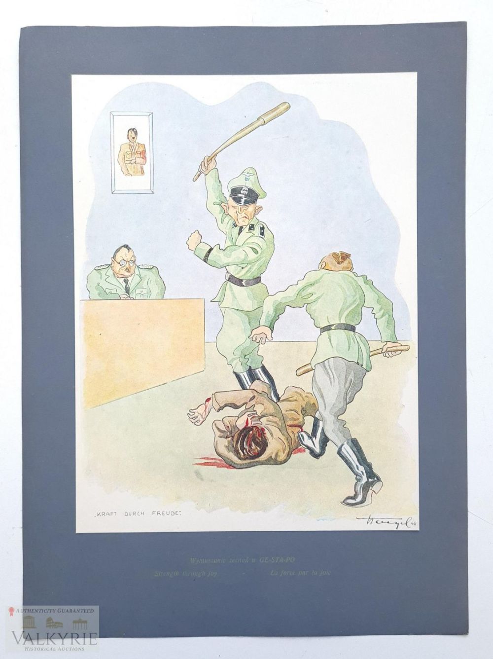Lot 459: Collectable Cartoon Depicting Gestapo Office and Prisoner Being Battered - 1945