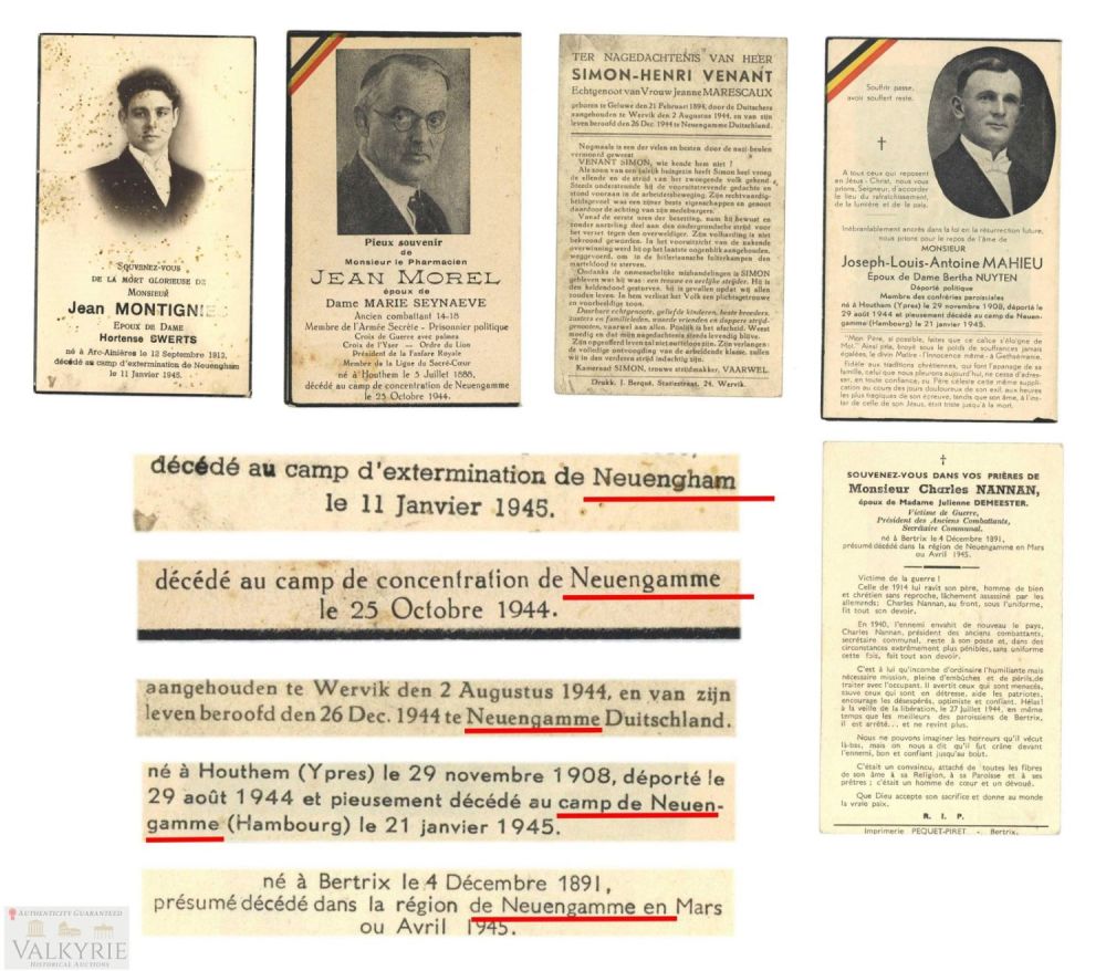 Lot 467: Rare Set of 5 Death Cards of Belgian Prisoners Who Died in KL Neuengamme