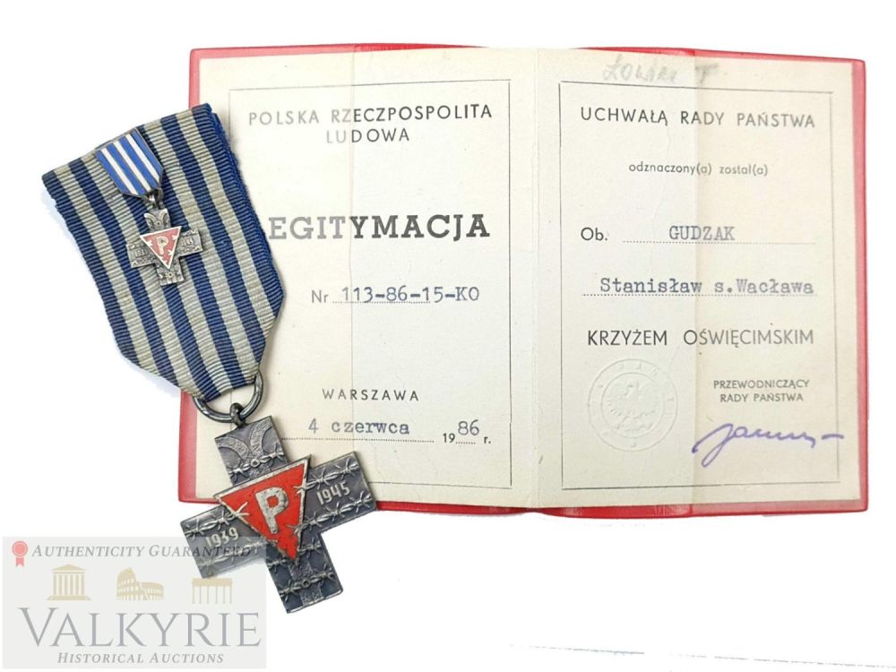 Lot 479: Set of Polish Auschwitz Cross with Miniature and Award Certificate for Concentration Camp Victims