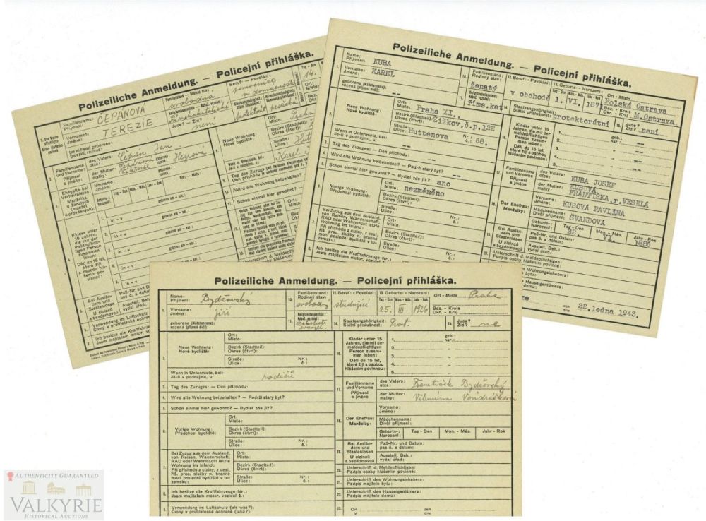 Lot 481: 3 Czech Police Registration Index Card During German Occupation 1943