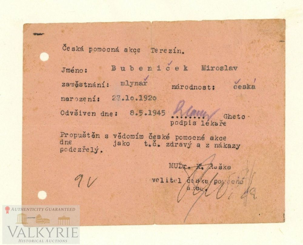 Lot 482: Certificate Card of Czech Help for Theresienstadt Camp Just After Liberation 1945