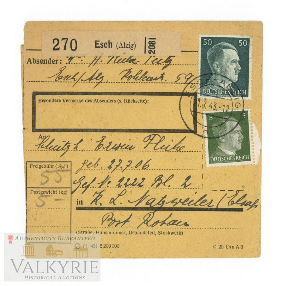 Lot 562: KL Natzweiler - Parcel Shipment Receipt of a Parcel Sent to a Protected Inmate in KL