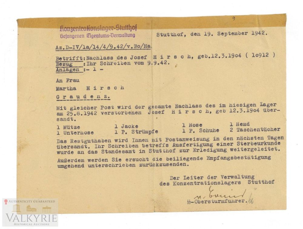 Lot 563: Very Rare Letter Sent to Widow of Prisoner Issued by KL Stutthof Administration 1942