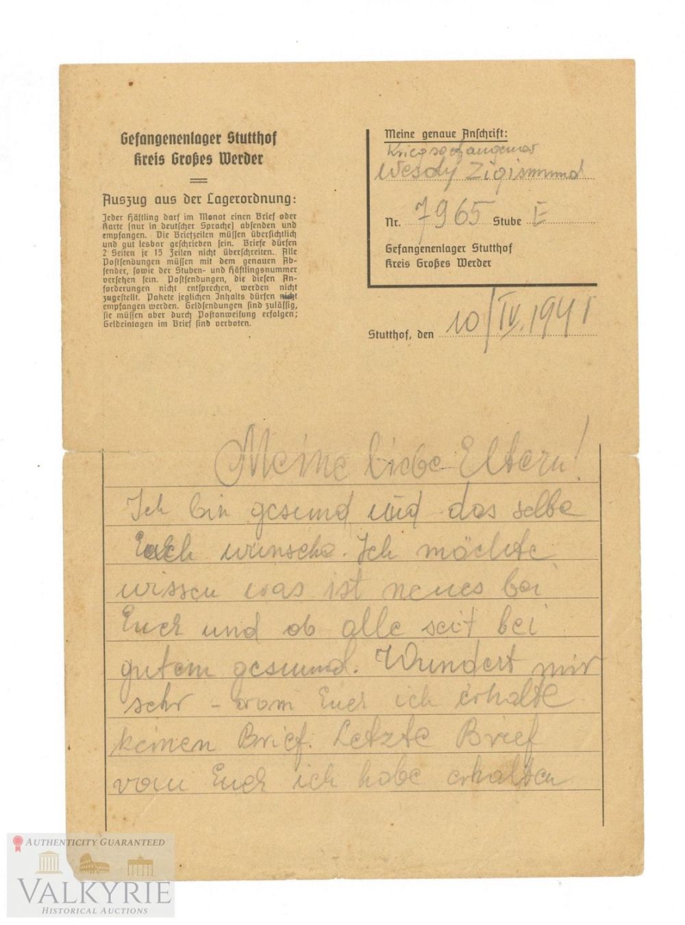 Lot 565: Rare Early Period Letter Sent by Prisoner From KL Stutthof 1941