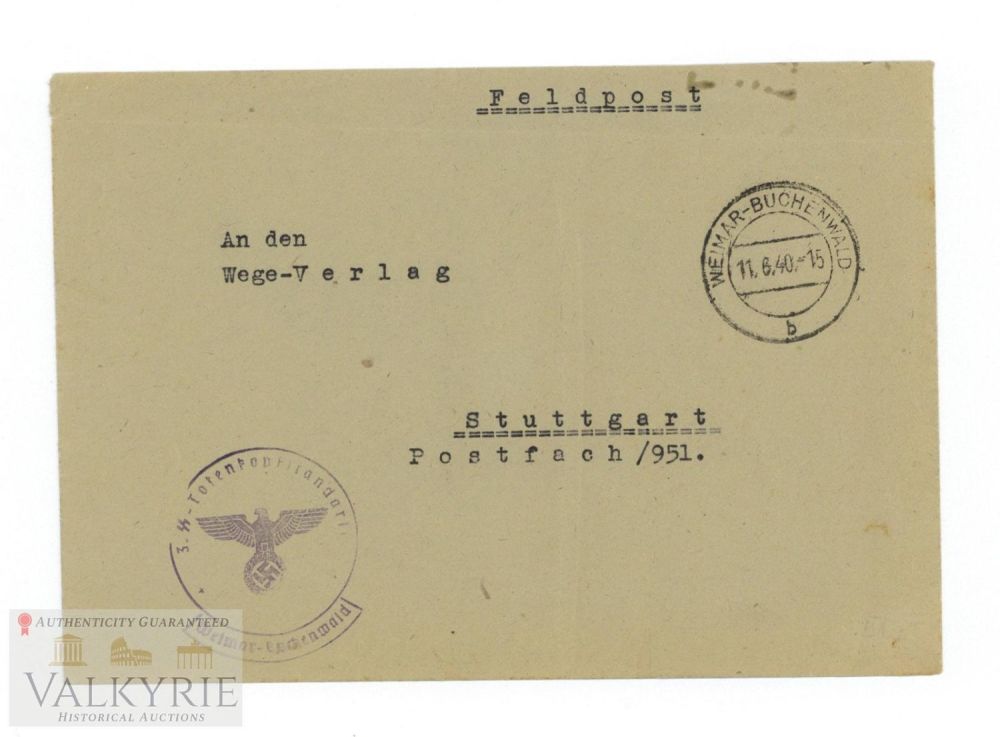 Lot 567: Empty Envelope of Letter Sent by SS UnterscharfÃ¼hrer of TK Standarte in BÃ¼chenwald 1940
