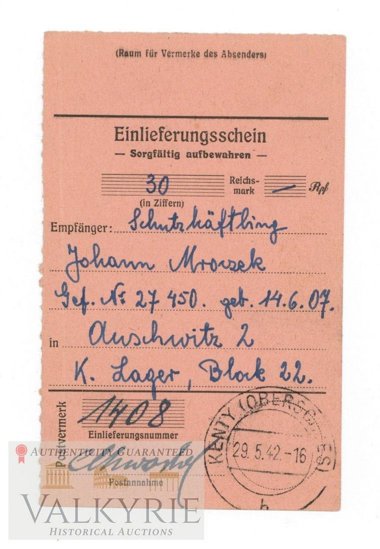 Lot 568: Rare Receipt of Money Order Sento to Prisoner in KL Auschwitz 1942