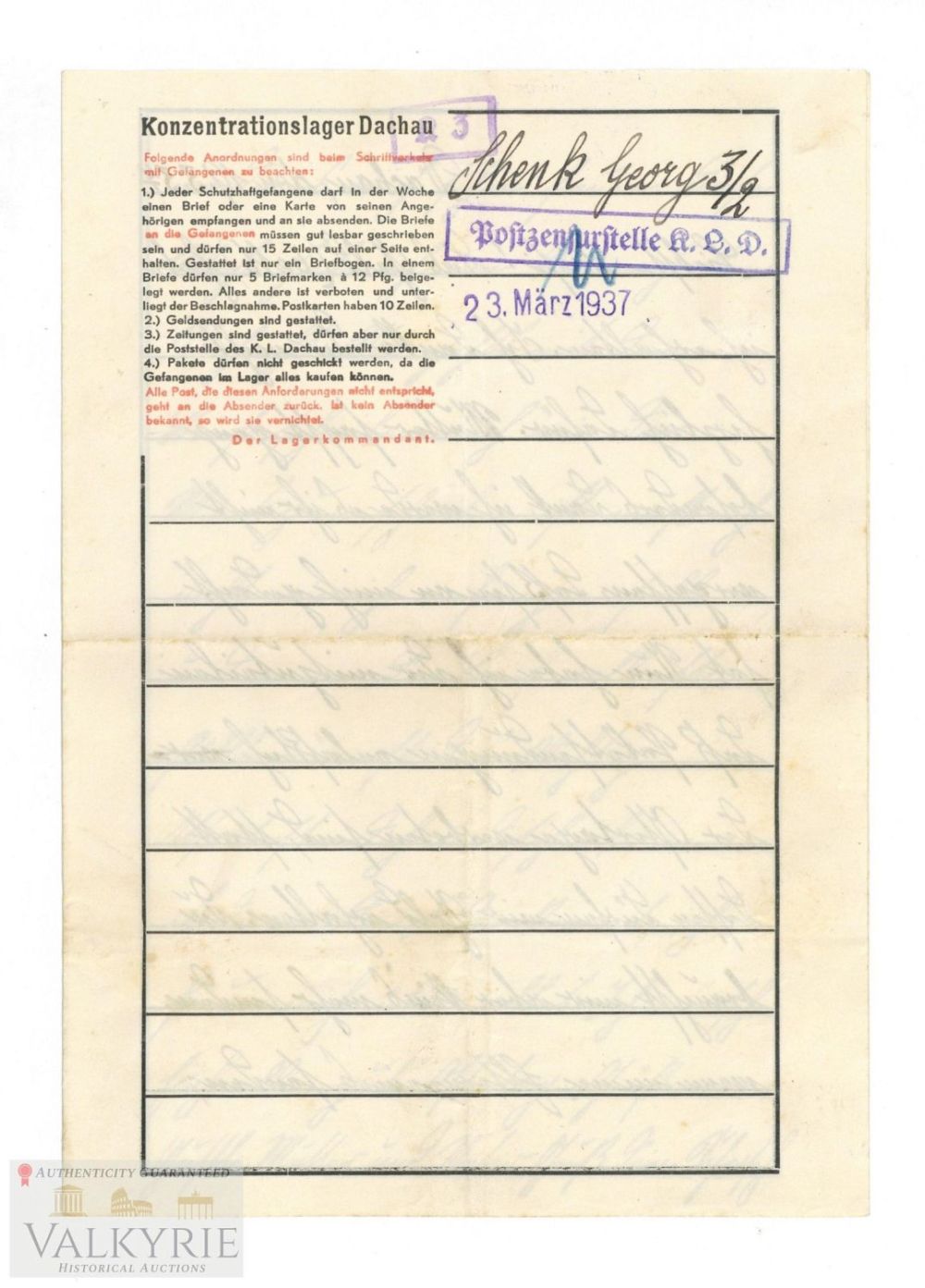 Lot 569: KL Dachau - Ultra rare and super scarce type inmate letter sent from KL Dachau in 1937! German polit