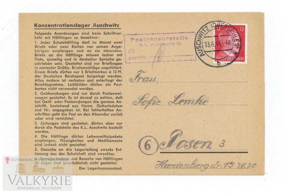Lot 572: Super Rare Letter Sent by German Prisoner in Auschwitz III - Monowitz 1944
