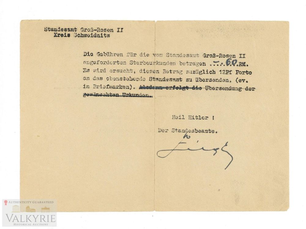 Lot 573: Rare Letter Sent by KL Gross-Rosen Administration to Relative of Deceased Prisoner About Taxes