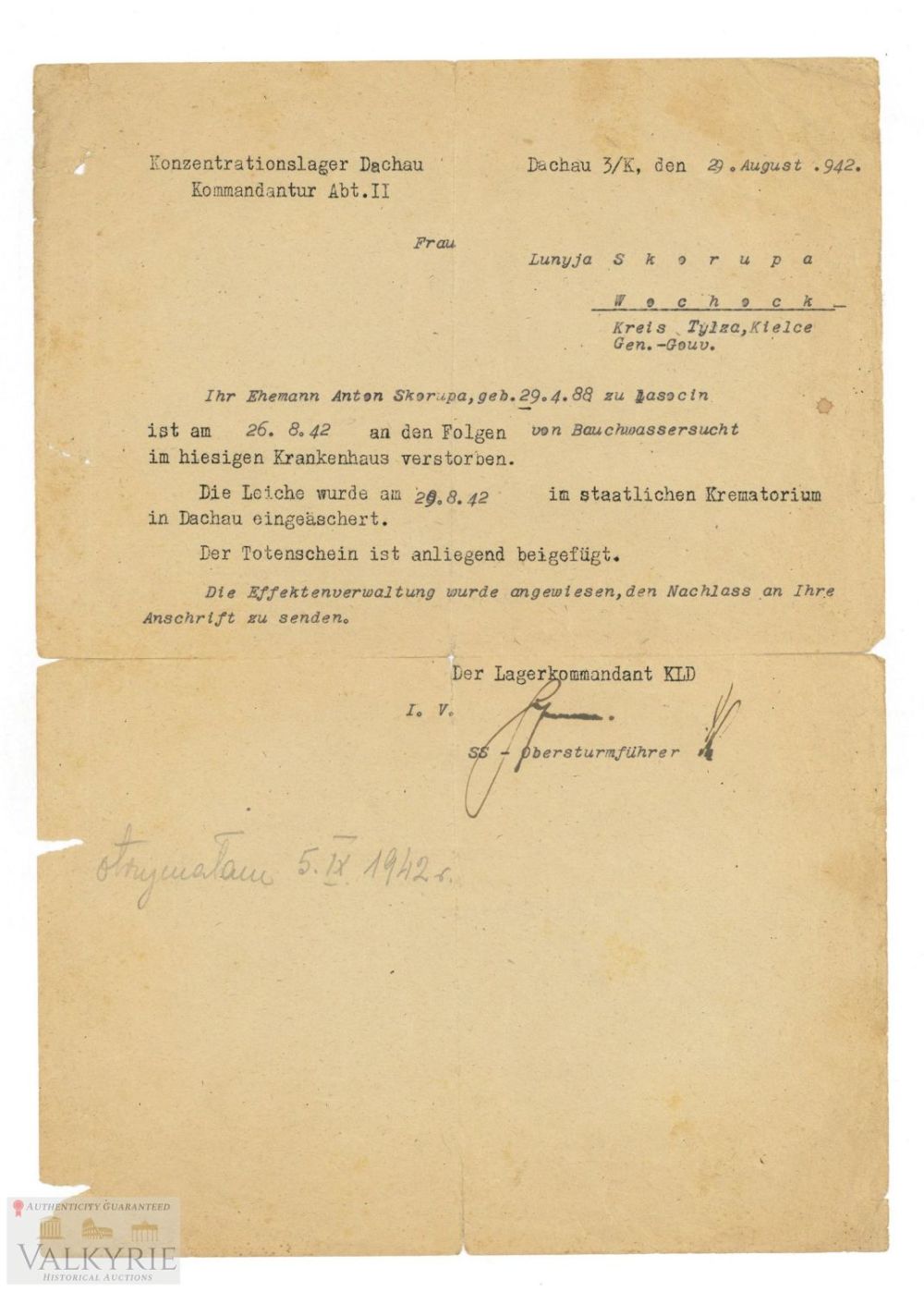 Lot 575: Interesting Letter Sent by KL Dachau Kommandantur to Relative of Deceased Prisoner 1942