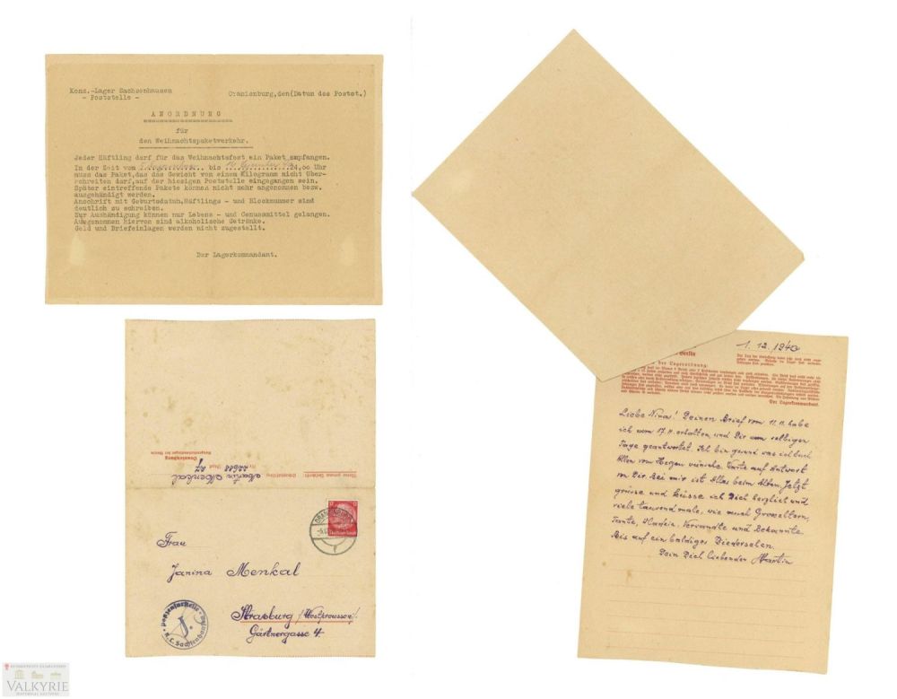 Lot 576: Letter Sent By Prisoner in KL Sachsenhausen And Kommandantur Notification About Parcels 1940