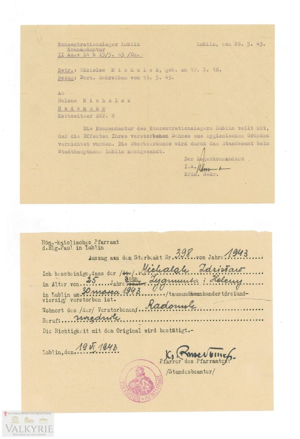Lot 579: 2 Official Documents Regarding the Passing of a Young Polish Prisoner in KL Lublin - Majdanek 1943