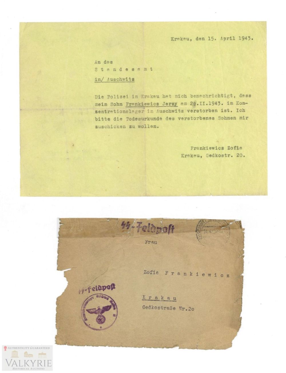 Lot 580: Letter Sent by Police in Krakow to Relatives Indicating KL Auschwitz Prisoner's Death 1943