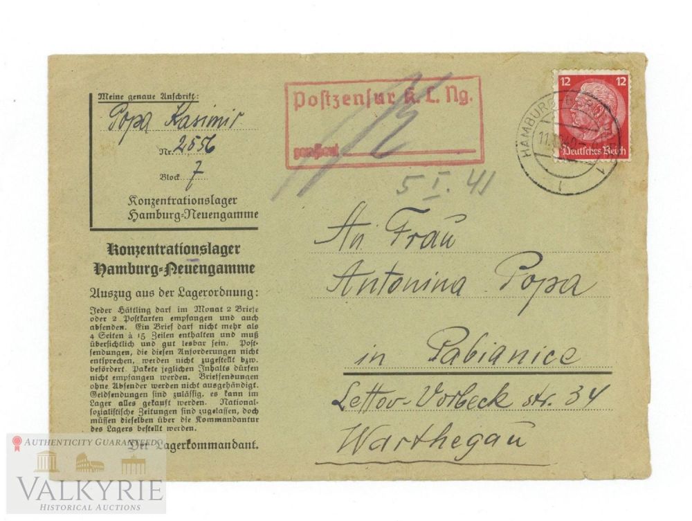 Lot 582: Empty Envelope of Letter Sent by KL Neuengamme Prisoner in 1940