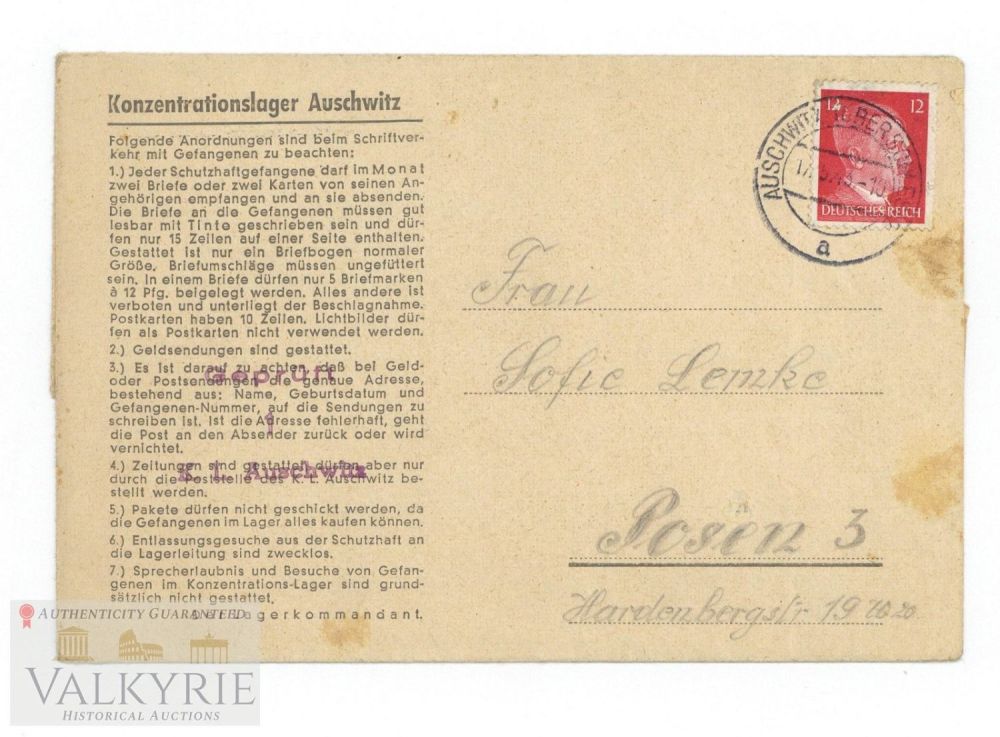 Lot 584: Super Rare Letter Sent by German Prisoner in Auschwitz III - Monowitz 1943