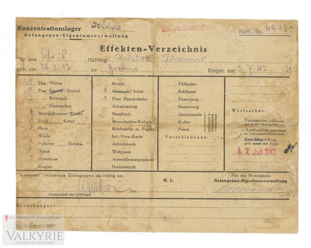 Lot 587: Rare KL Dachau Kommandantur Issued Deceased Prisoner's Belongings' Certificate 1943