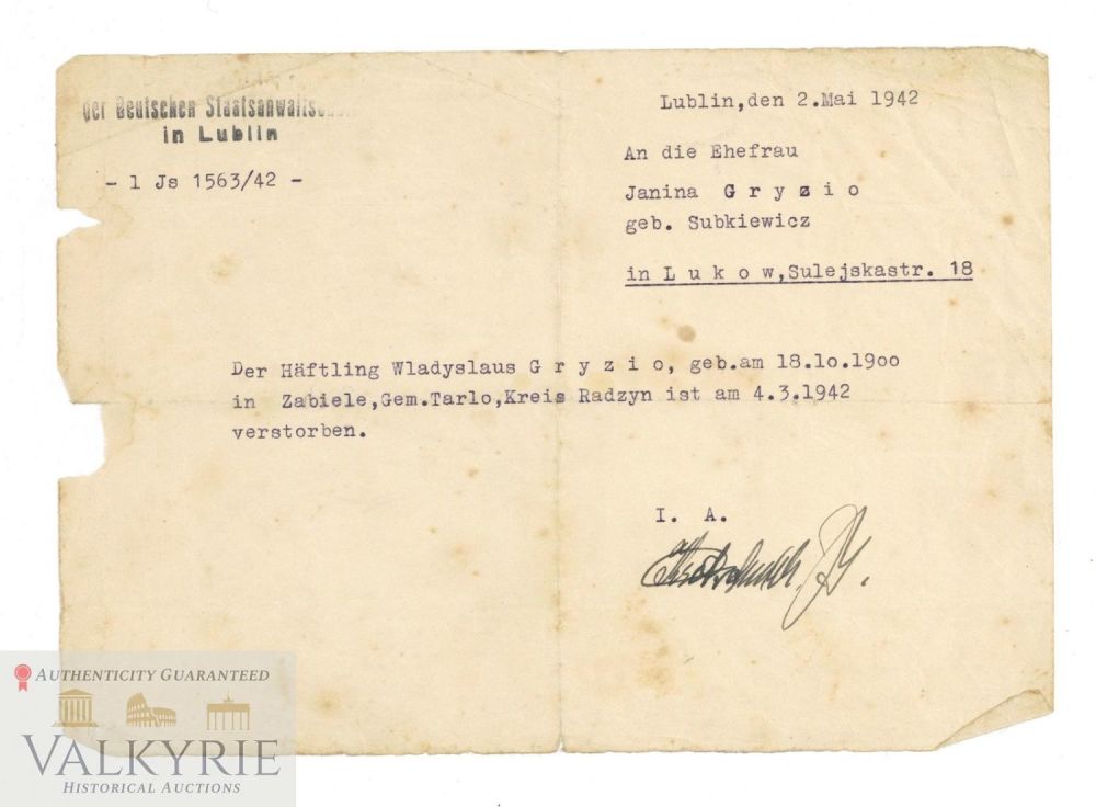 Lot 858: Death Certificate Issued to Dead Polish Slave Laborer in Debica SS Camp 1942