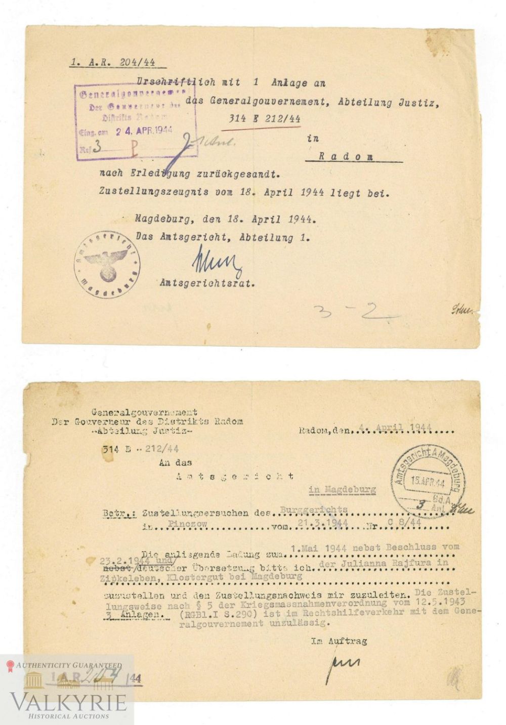 Lot 861: 2 Letters Sent to Justice Department in Radom and Magdeburg About Polish Woman 1944