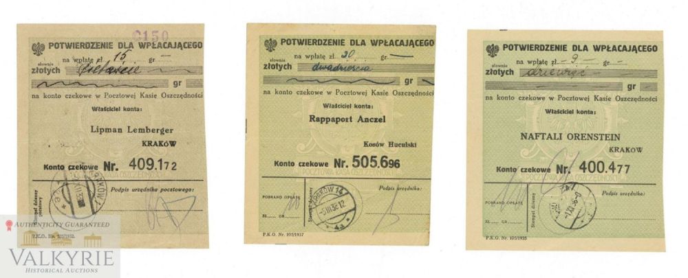 Lot 865: Set of 3 Money Order Receipts to Polish Jews Sent in 1938