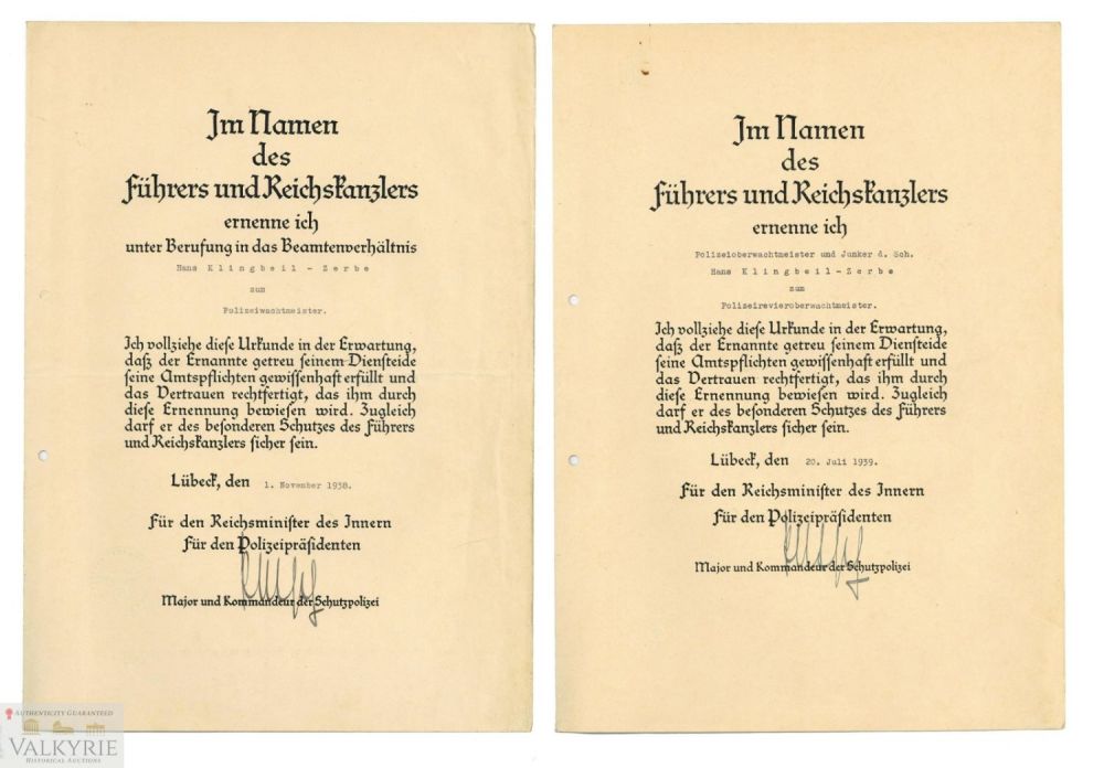 Lot 871: Promotional Documents to Police Officer was in Warsaw Ghetto Liquidation! Signed by  Joachim Petsch