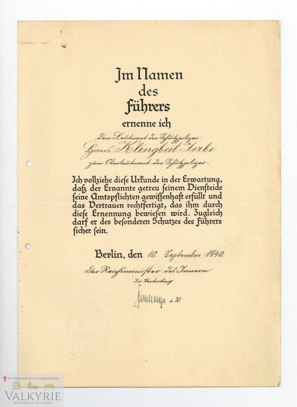 Lot 873: Promotional Document to Police Officer Who was in Warsaw Ghetto Liquidation! Signed by Kurt Daluege