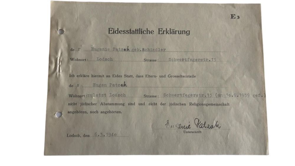 Lot 877: Sworn Declaration Issued to a Polish Woman From Lodsch Stating She is Not Jew 1940
