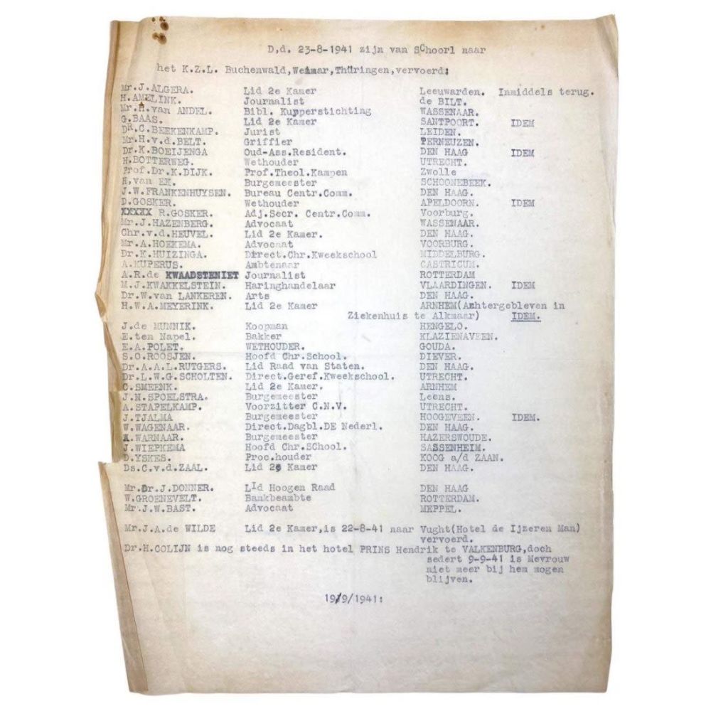 Lot 886: Dutch Deportation List for Prominent Figures from Camp Schoorl to KL Buchenwald