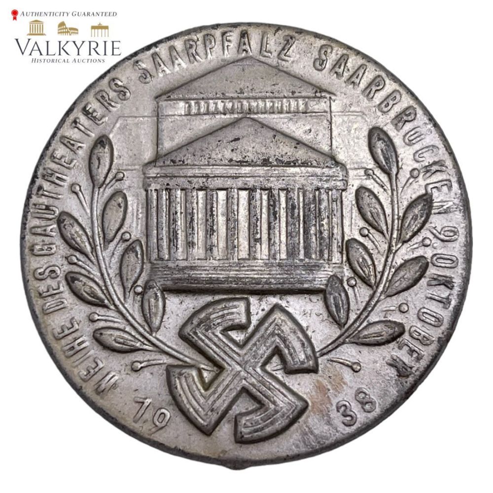 Lot 349: A 1938 Badge For The Inauguration Of The Saarpfalz-Saarbrucken Districtâ€™s Theatre