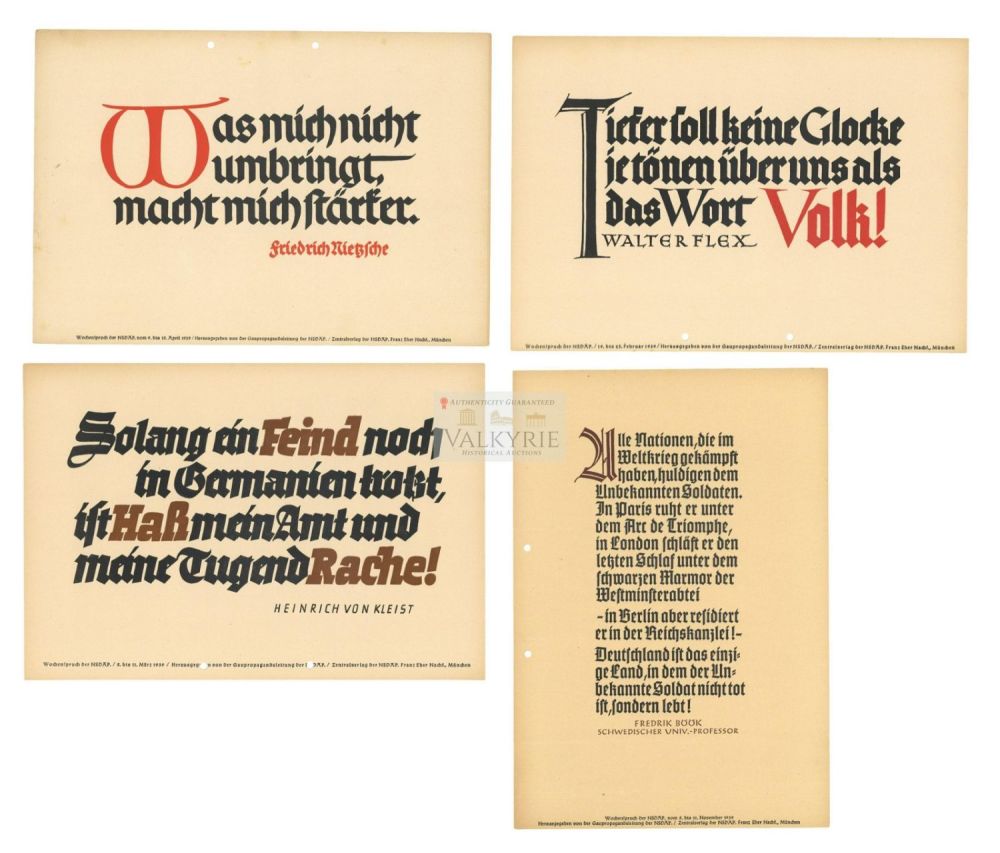 Lot 400: 4 Nazi Propaganda Posters of the Wochenspruch der NSDAP With Quotations