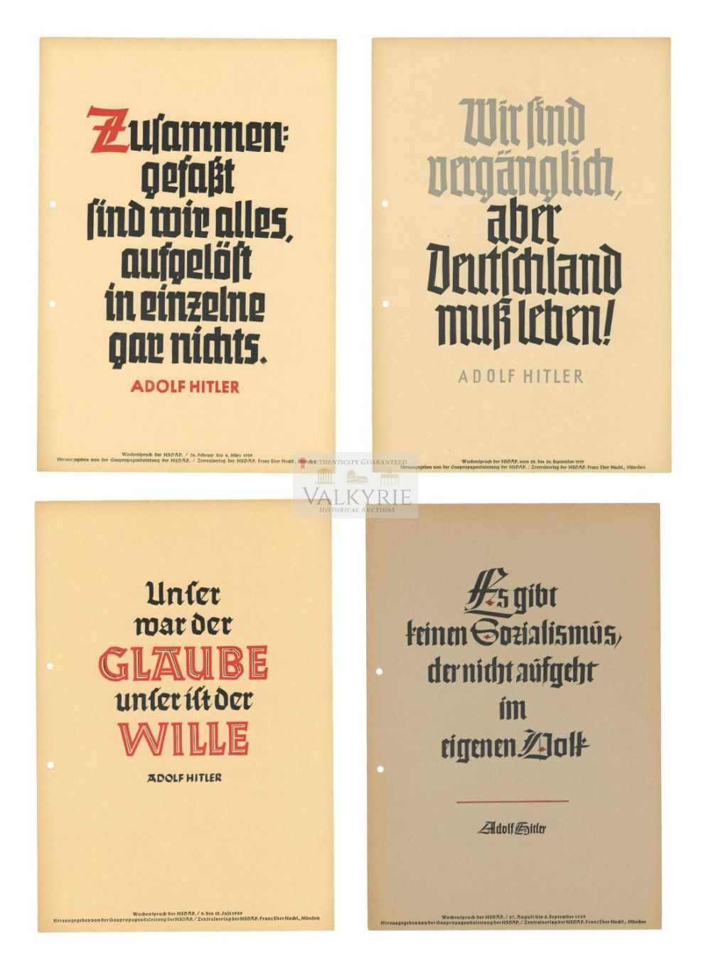 Lot 403: 4 Nazi Propaganda Posters of the Wochenspruch der NSDAP With Quotations of Adolf Hitler