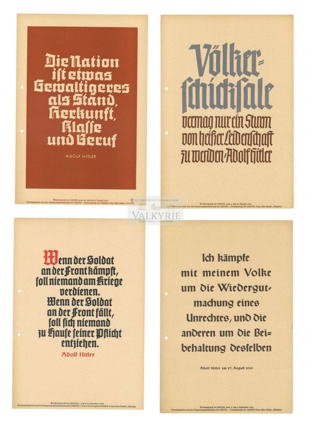 Lot 404: 4 Nazi Propaganda Posters of the Wochenspruch der NSDAP With Quotations of Adolf Hitler