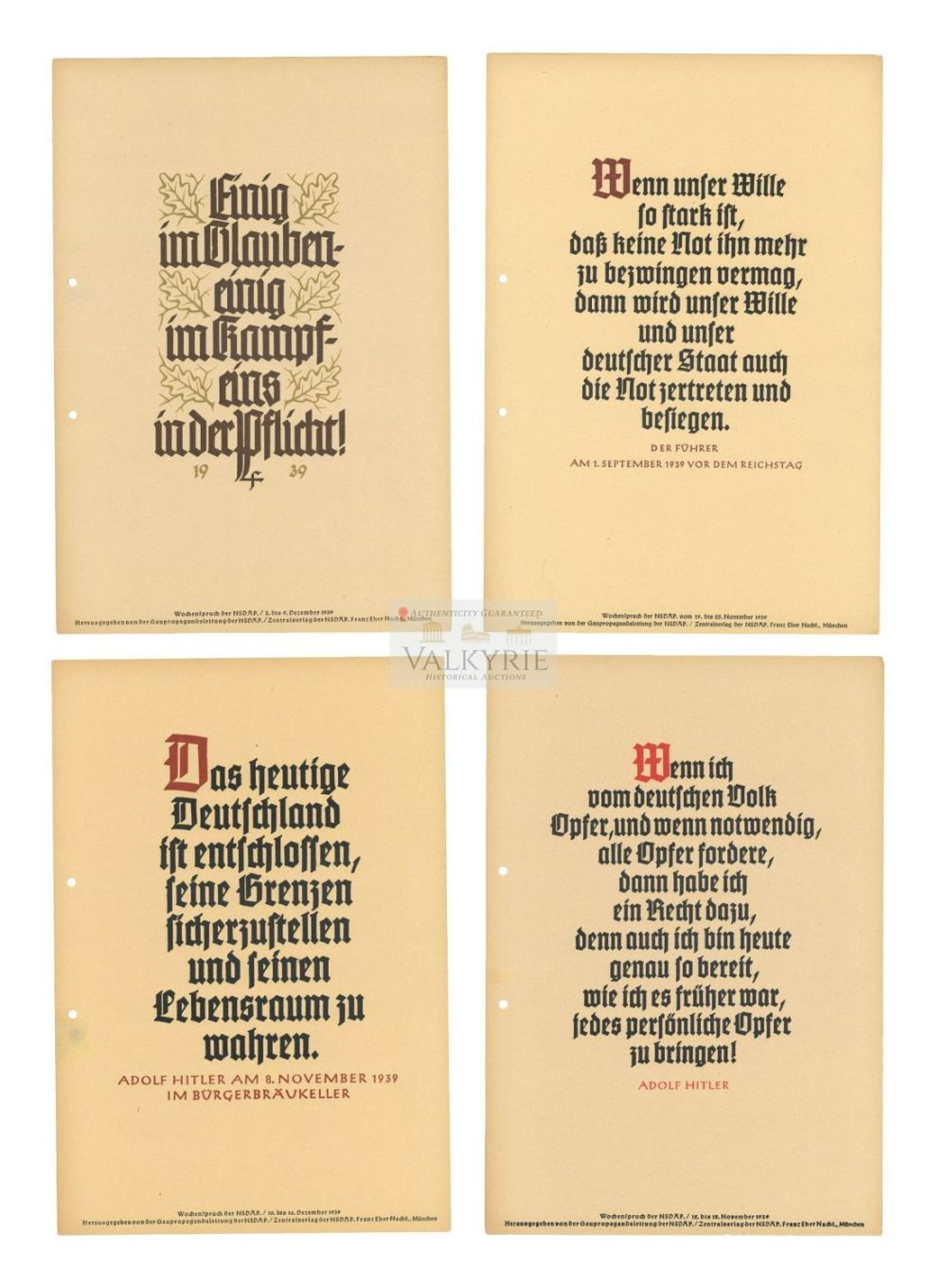 Lot 406: 4 Nazi Propaganda Posters of the Wochenspruch der NSDAP With Quotations of Adolf Hitler