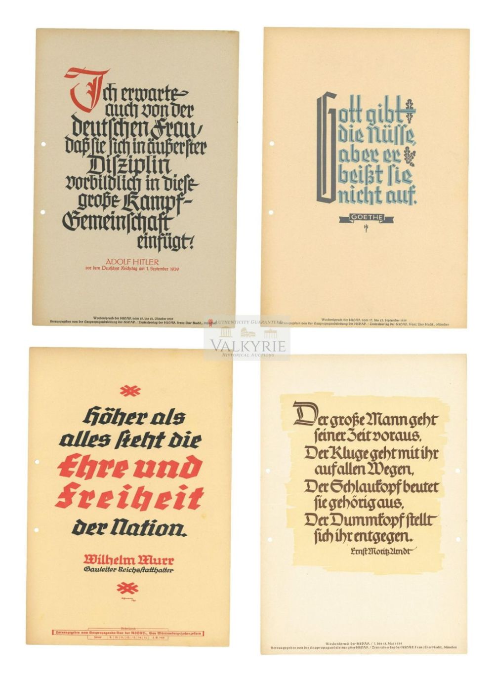 Lot 408: 4 Nazi Propaganda Posters of the Wochenspruch der NSDAP With Quotations