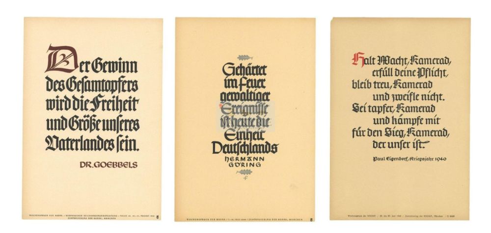 Lot 412: 3 Nazi Propaganda Posters of the Wochenspruch der NSDAP With Quotations