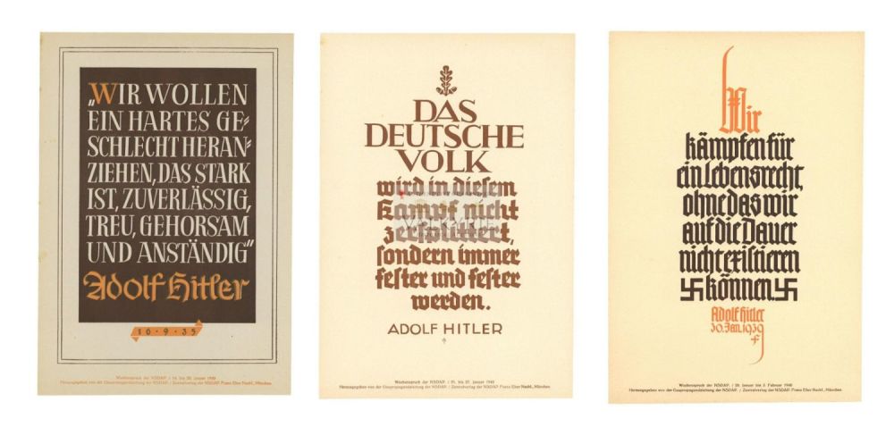 Lot 427: 3 Nazi Propaganda Posters of the Wochenspruch der NSDAP With Quotations