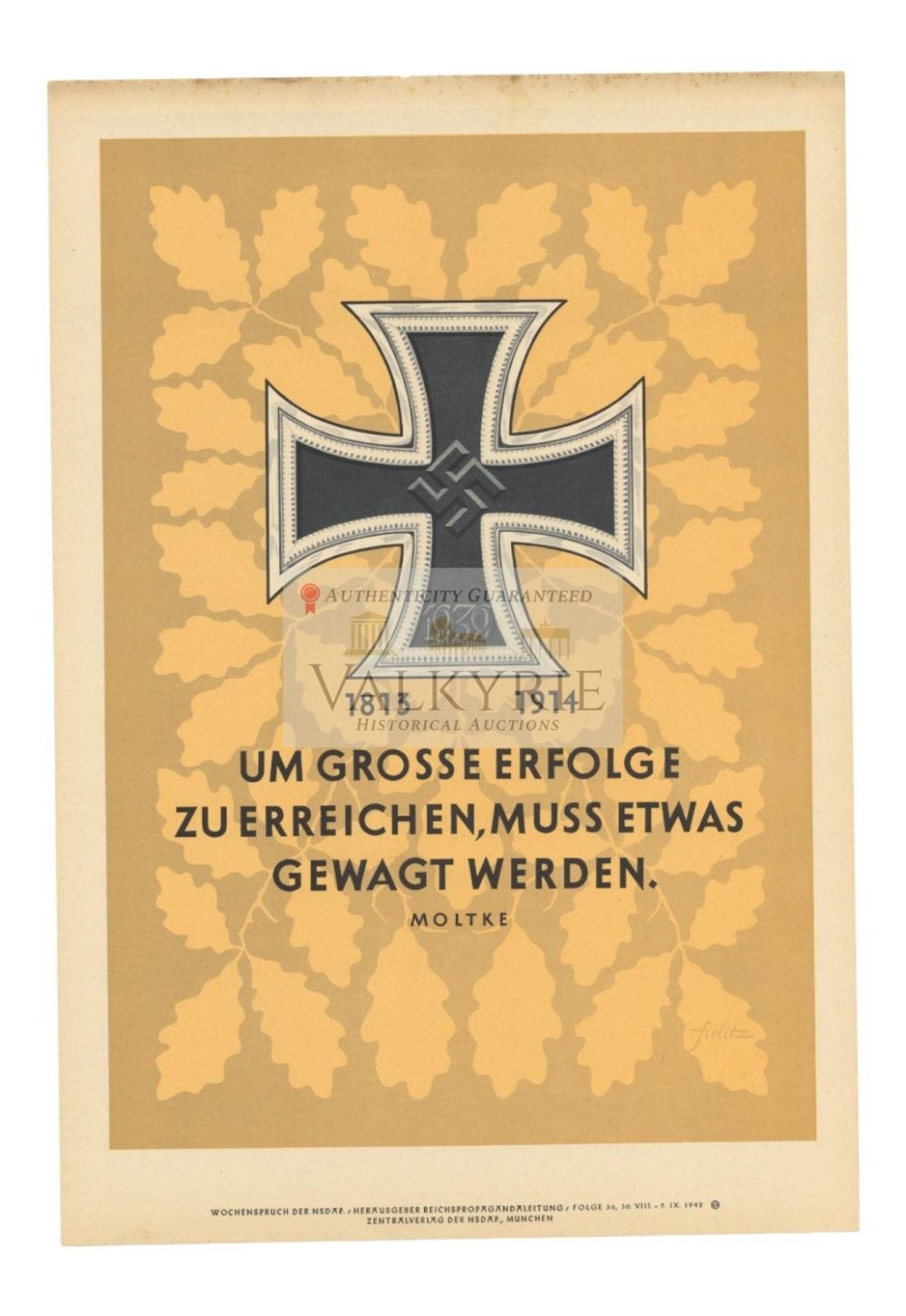 Lot 446: Nazi Propaganda Poster of the Wochenspruch der NSDAP With Quotation of Moltke