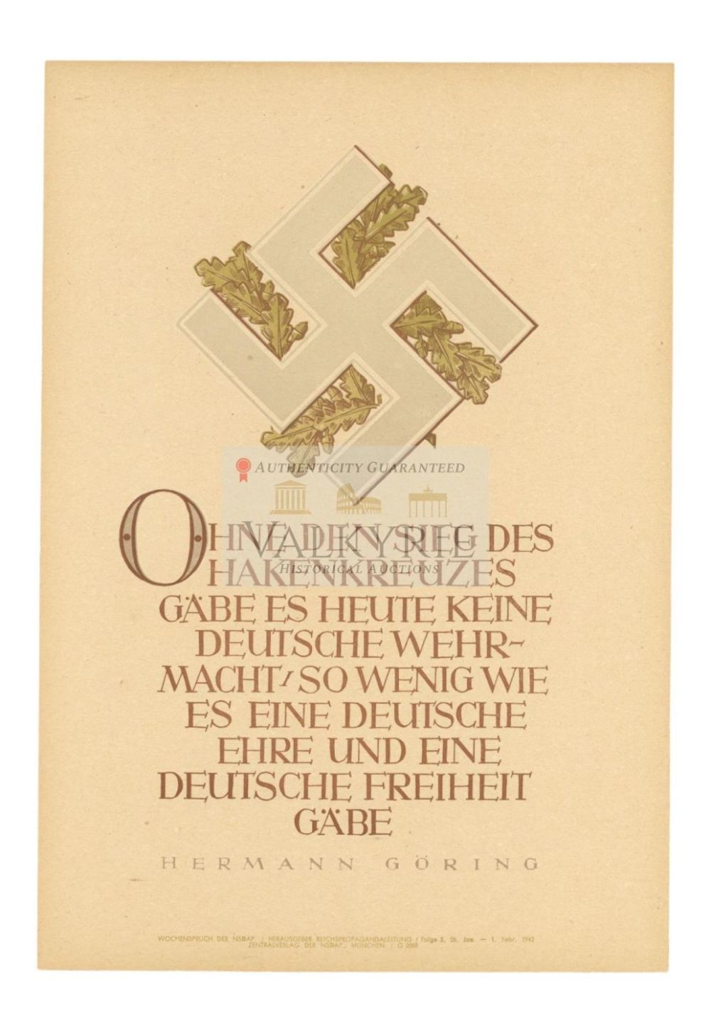 Lot 447: Nazi Propaganda Poster of the Wochenspruch der NSDAP With Quotation of Hermann Goering