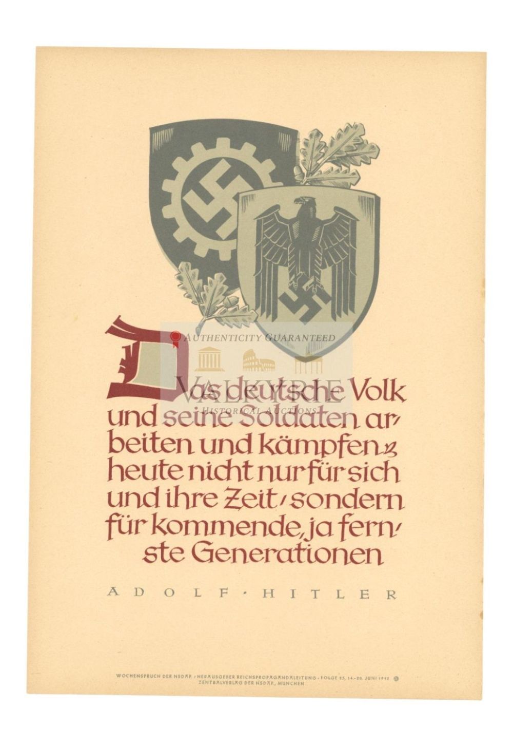 Lot 449: Nazi Propaganda Poster of the Wochenspruch der NSDAP With Quotation of Adolf Hitler