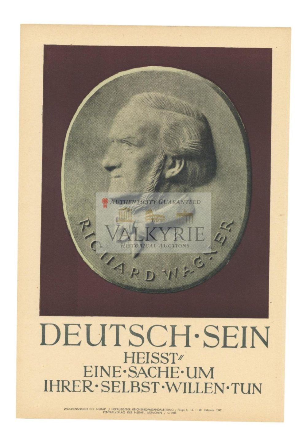 Lot 451: Nazi Propaganda Poster of the Wochenspruch der NSDAP With Quotation Richard Wagner