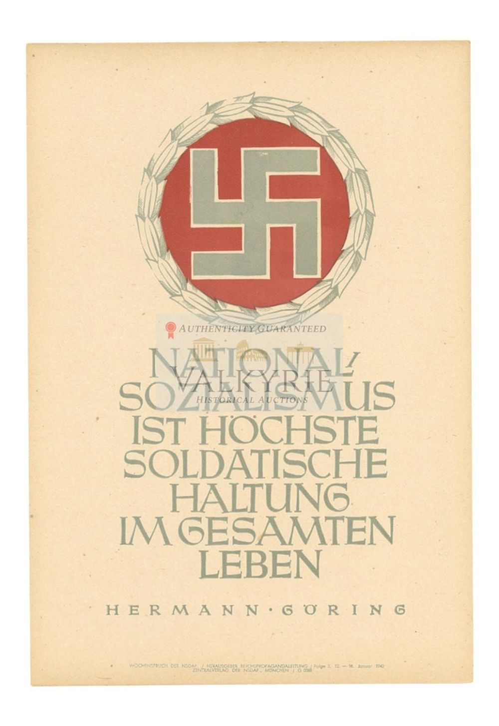 Lot 452: Nazi Propaganda Poster of the Wochenspruch der NSDAP With Quotation H. Goering