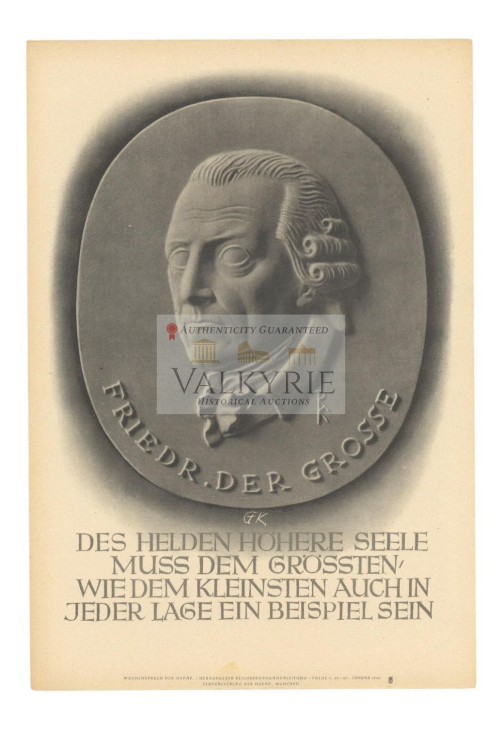Lot 453: Nazi Propaganda Poster of the Wochenspruch der NSDAP With Quotation Friedreich The Great