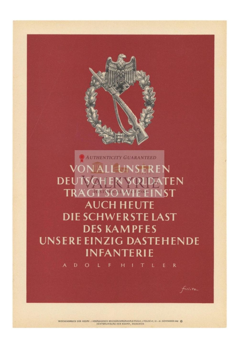 Lot 454: Nazi Propaganda Poster of the Wochenspruch der NSDAP With Quotation of Adolf Hitler